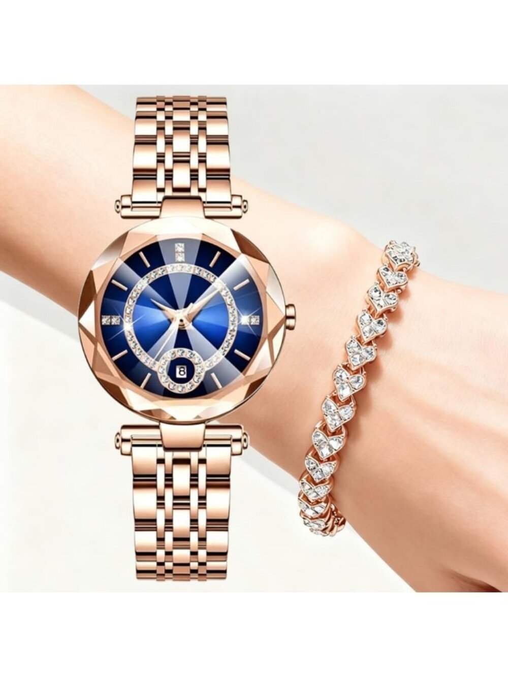 Women's Rose Blue Rhinestone Bracelet Creative Stainless Steel Strap Wristwatch - Picture 2 of 5